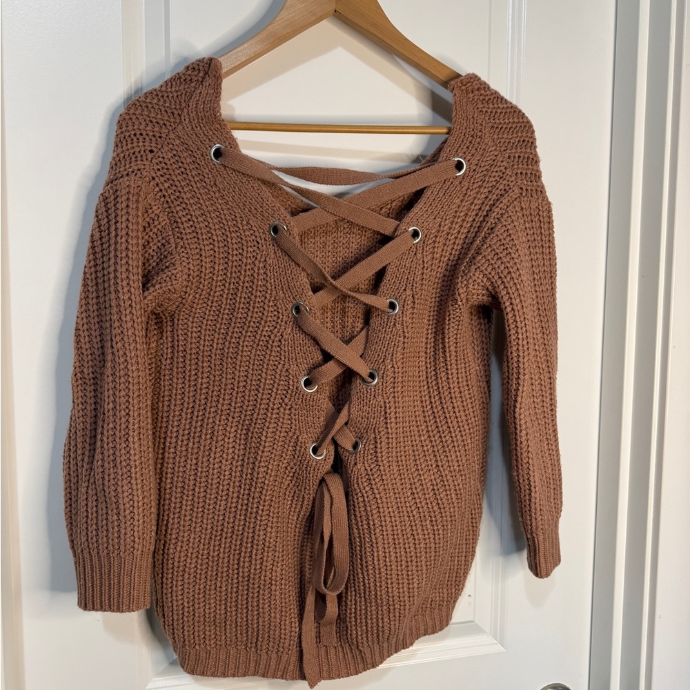 Elegant Lace-Up V-Neck Sweater in Brown